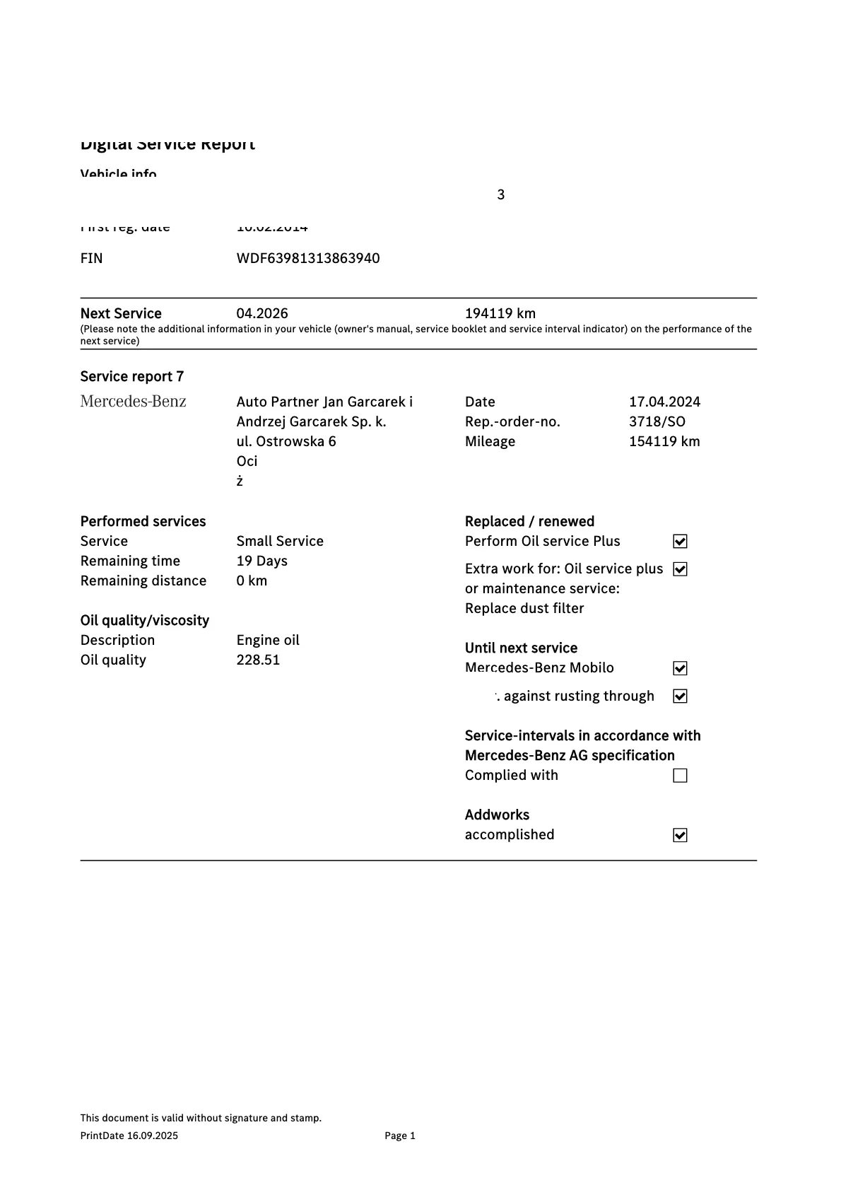 ASO Mercedes – oficjalny raport historii serwisowej online