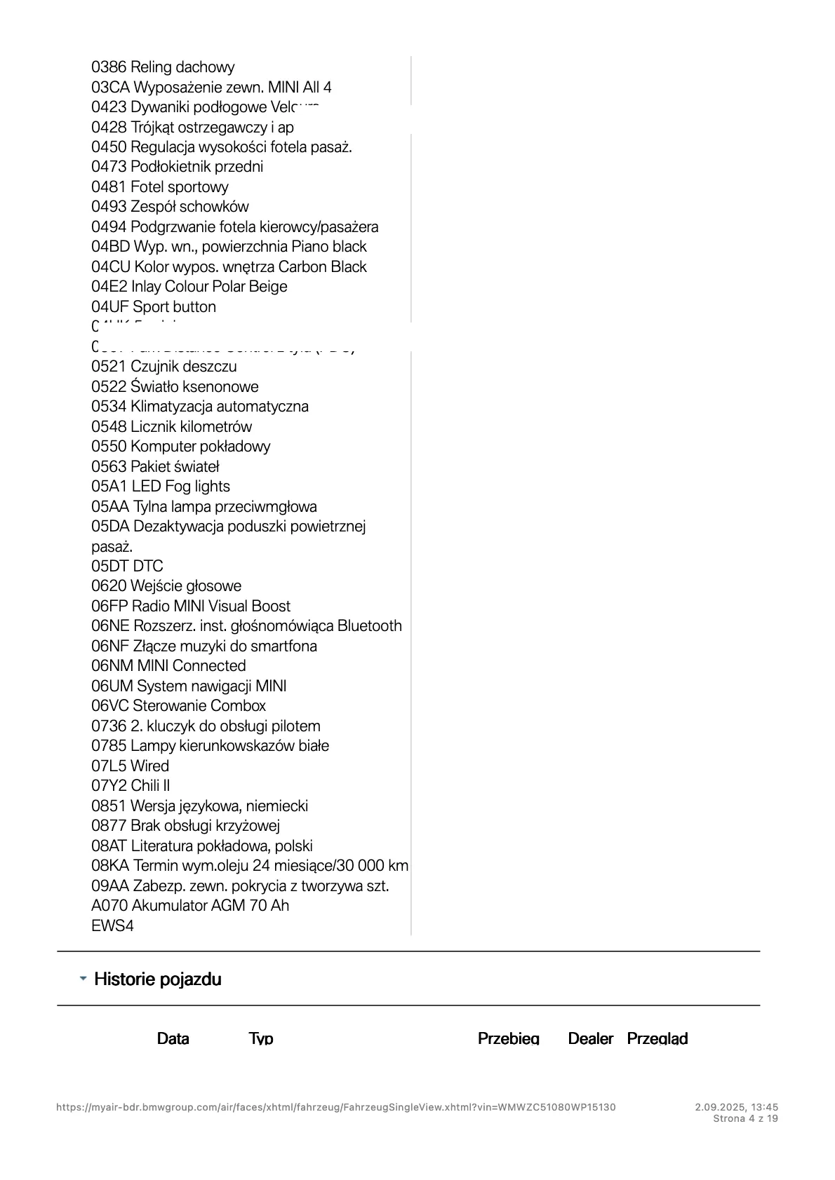 raport historii serwisowej Mini – dane ASO po VIN