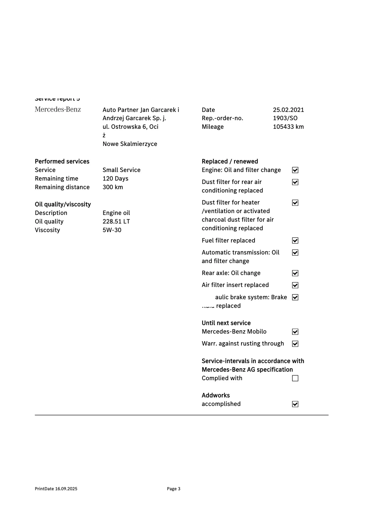 Historia serwisowa Mercedes - Przykład raportu 3